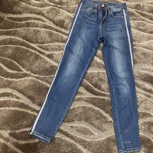 JUSTBLACK denim jeans with a stripe down each side. Zipper with a button closure